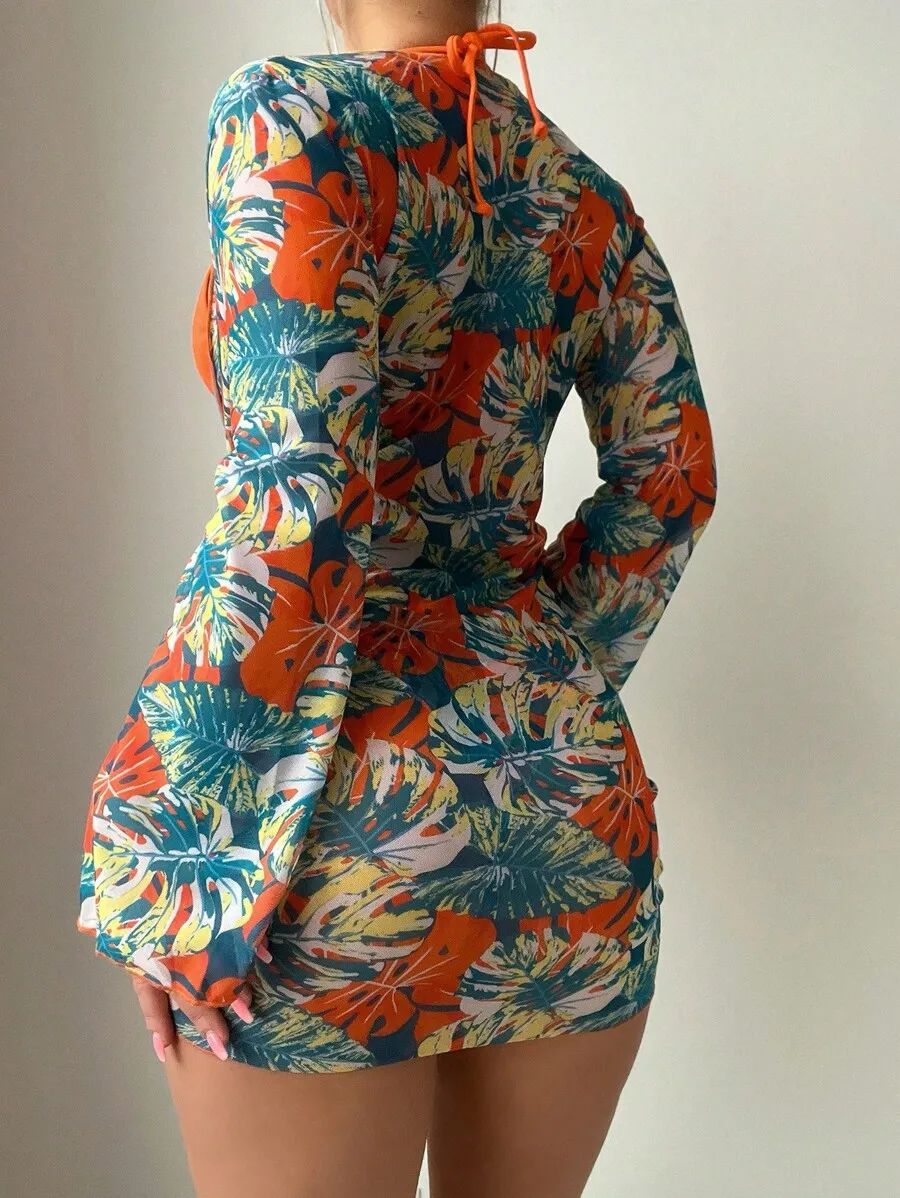 

Womens Tropical Print Cover-Up Dress With Halter Neck And Bell Sleeves