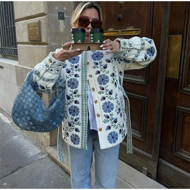 

2025 Women's Elegant Floral Print Cotton Jacket with Belt – O-Neck, Single-Breasted, Long Sleeve Streetwear Coat