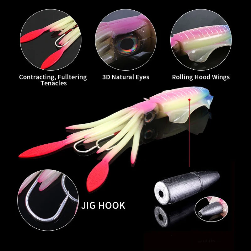 2pcs 60g 120g 150g Silicone Soft Artificial Rubber Luminous UV Squid Jig Fishing Lures For Sea Fishing Trolling Wobbler Bait