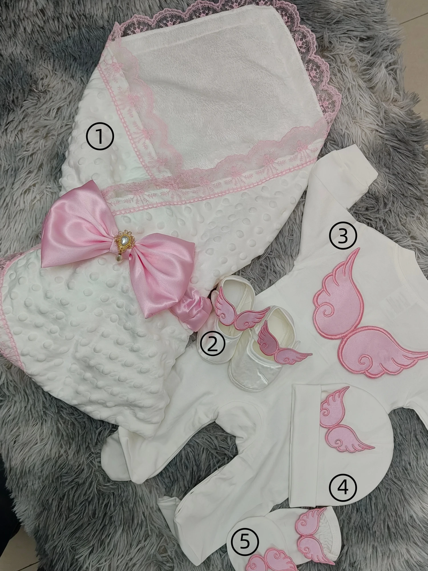 Baby Girl Angel Wing Footed Romper 5Pcs Set Pink Bow Newborn Home Outfit Fleece Swaddle Blanket Mittens Baby Shower Gift