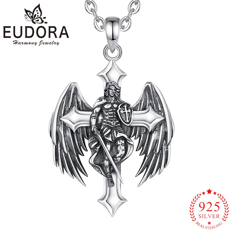 Eudora 925 Sterling Silver Saint Michael Archangel Necklace Vintage Cross Shield Pendant for Men Women Christian Jewelry Gift