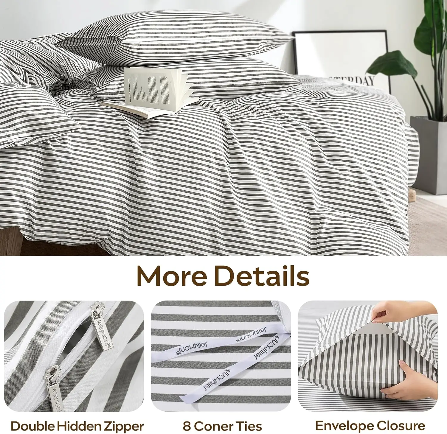 Set Copripiumino Queen 100% Cotone Naturale con Motivo a Righe, Cerniera e Lacci agli Angoli, Include Federe