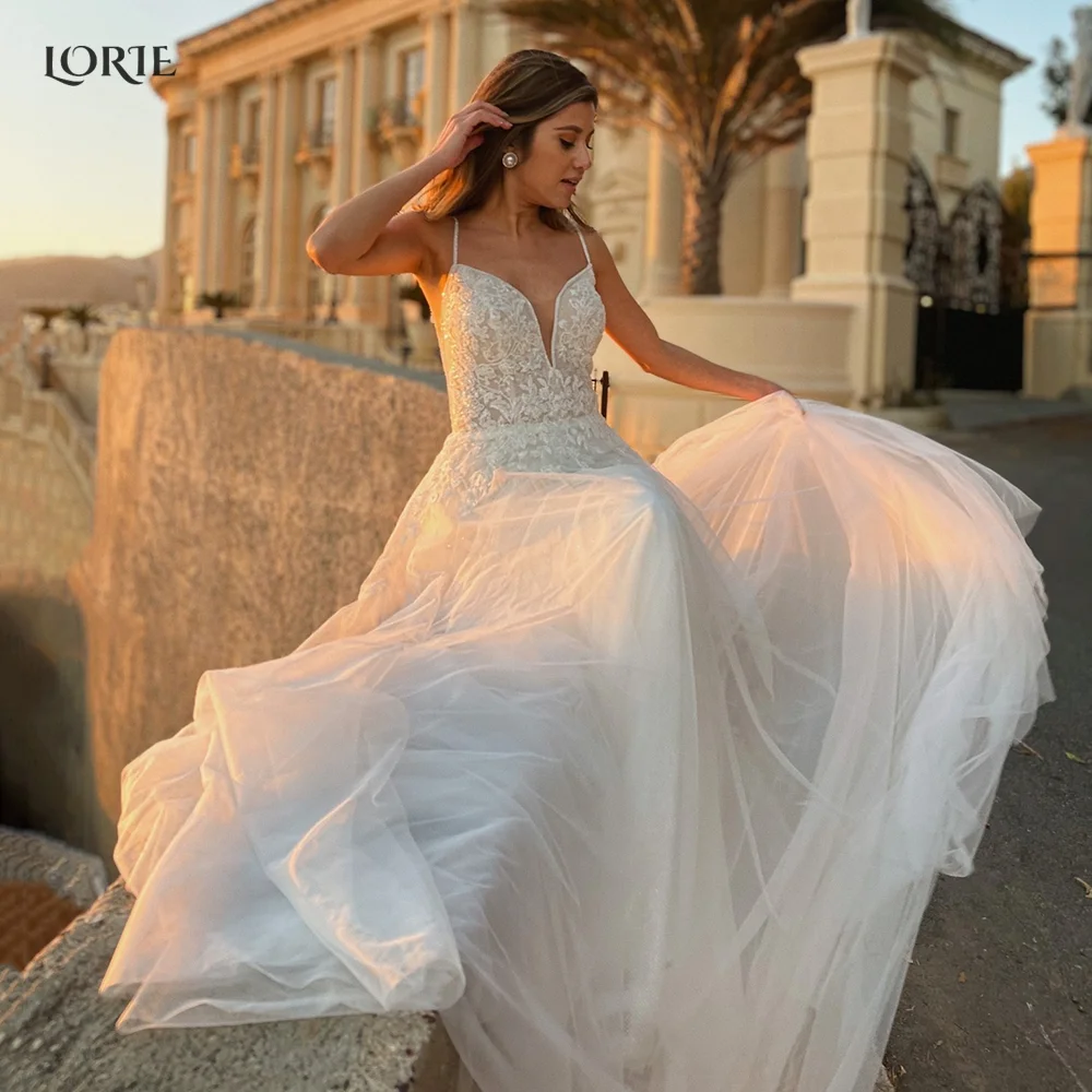 

LORIE Bohemia Lace Wedding Dresses A-Line Appliques Spaghetti Straps Bridal Gowns Low-Cut V-Neck Bride Gown robe de mariée 2022