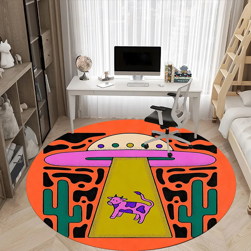 UFO Alien Space Round Area Rug Outer Space Theme Office Chair Mat Indoor Floor Carpet Bedroom Living Room Home Decor