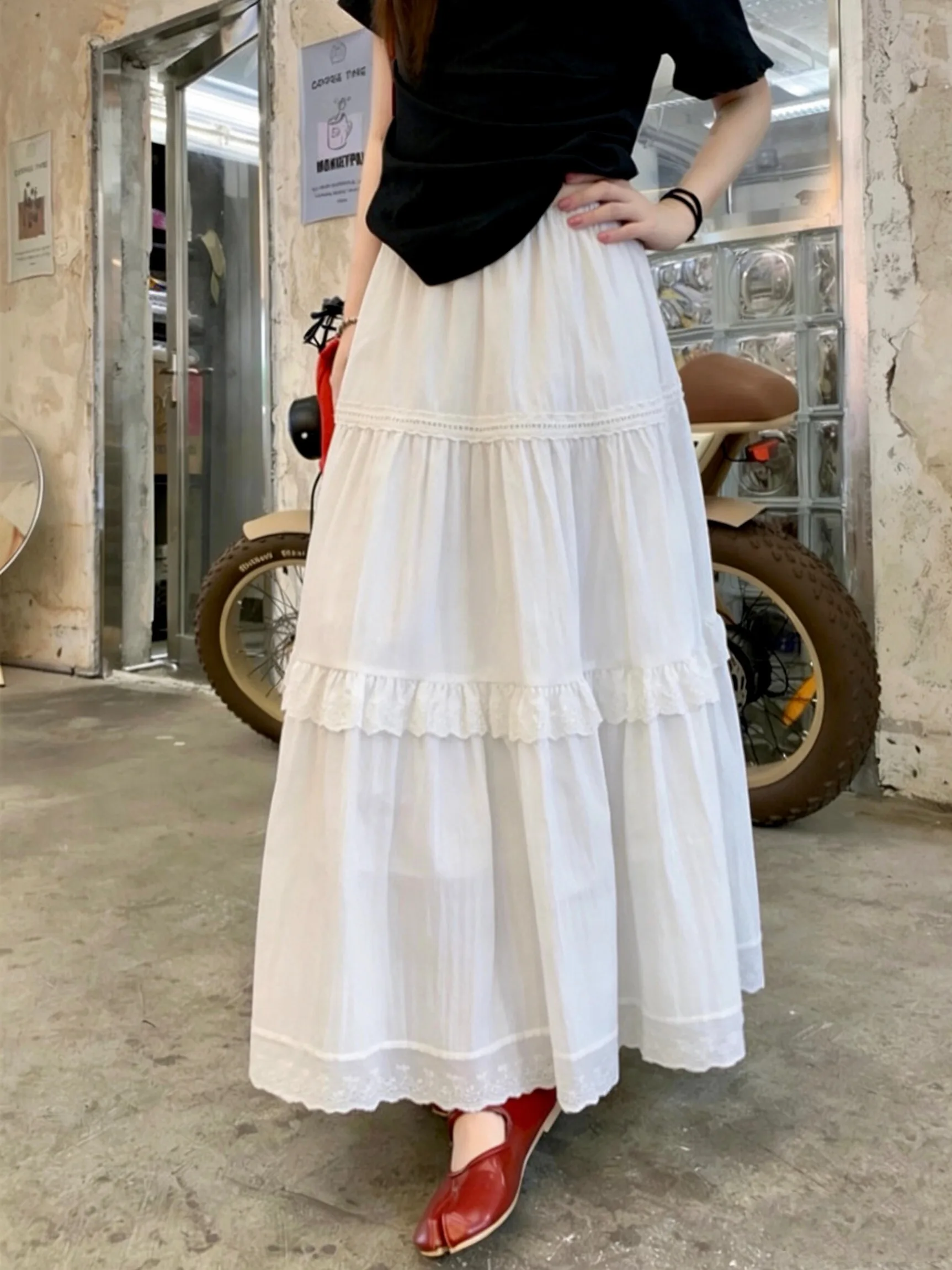

Sweet Style Hollow out Lace Trim Splice White Midi Skirt Women Summer Loose Slim A-Line Skirt High Waist Hollow Skirt