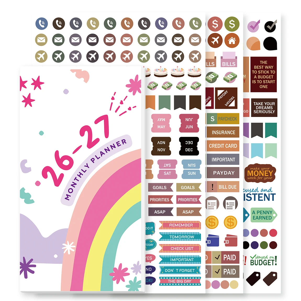 1PC A6 Monthly Planner with Matching Stickers, Multicolor, Waterproof Cover, Compact Organizer for Office, Study & Travel