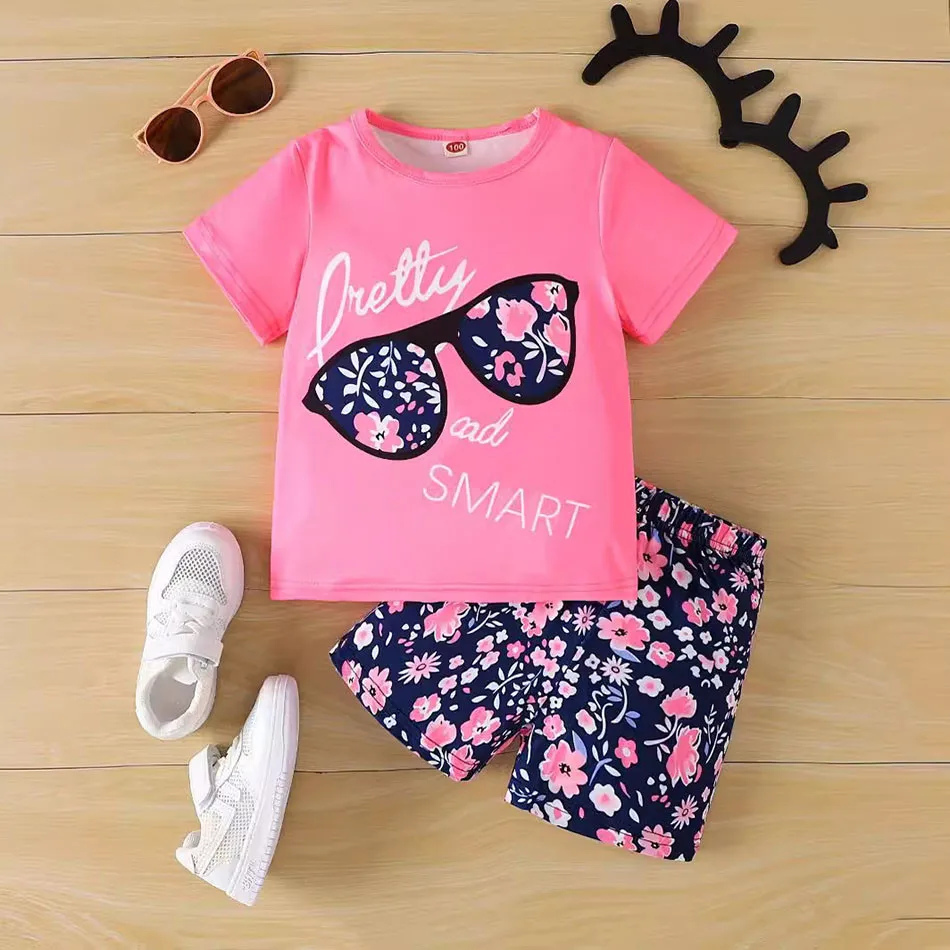 

Children Sets Girls Summer Playwear Set Floral T-Shirt with English Letter Print and Shorts Comfortable and Cute 2-Piece Outfit