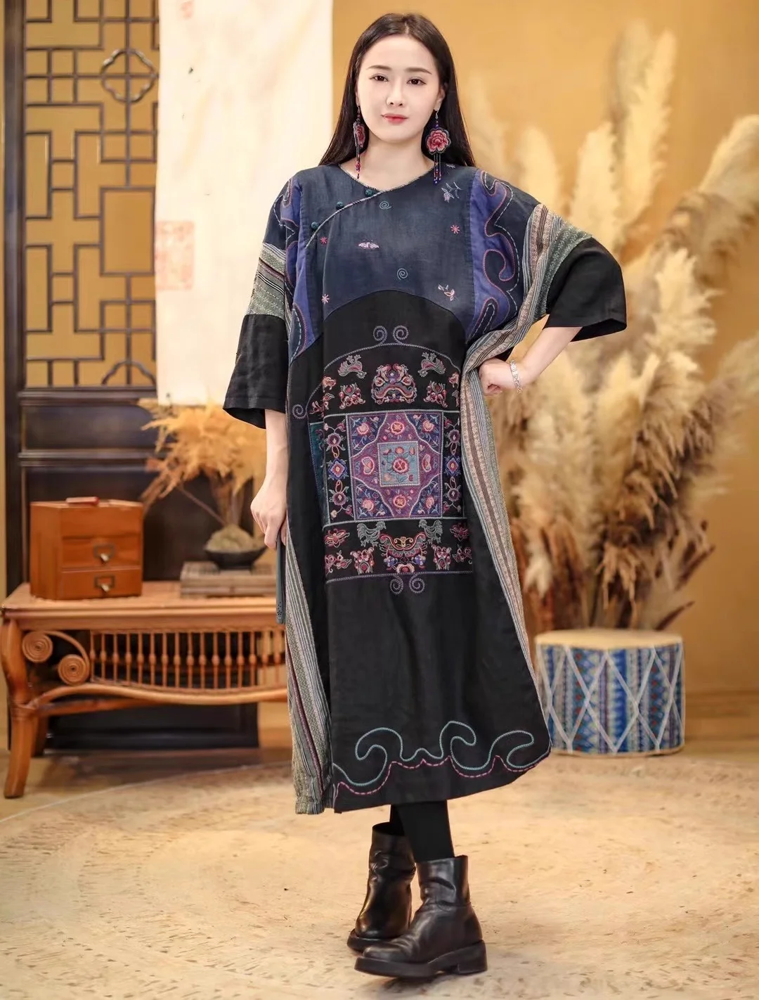 100% linen vintage dress Chinese style loose embroidery robe long dresses fashion plus size spring dress ethnic women clothes