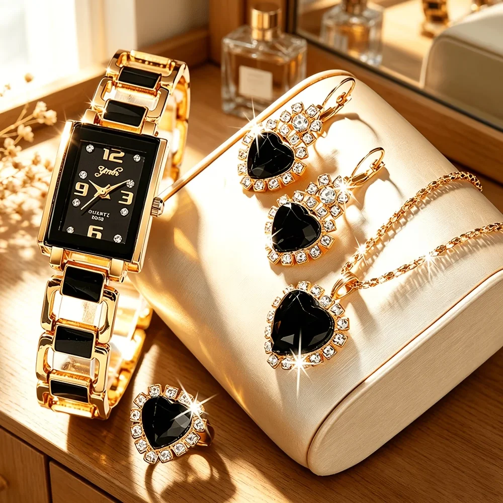 5PCS Fashion Women Watch Jewelry Set Square Dial Quartz Wristwatch Heart Crystal Necklace Earrings Ring Gifts Relogio Feminino