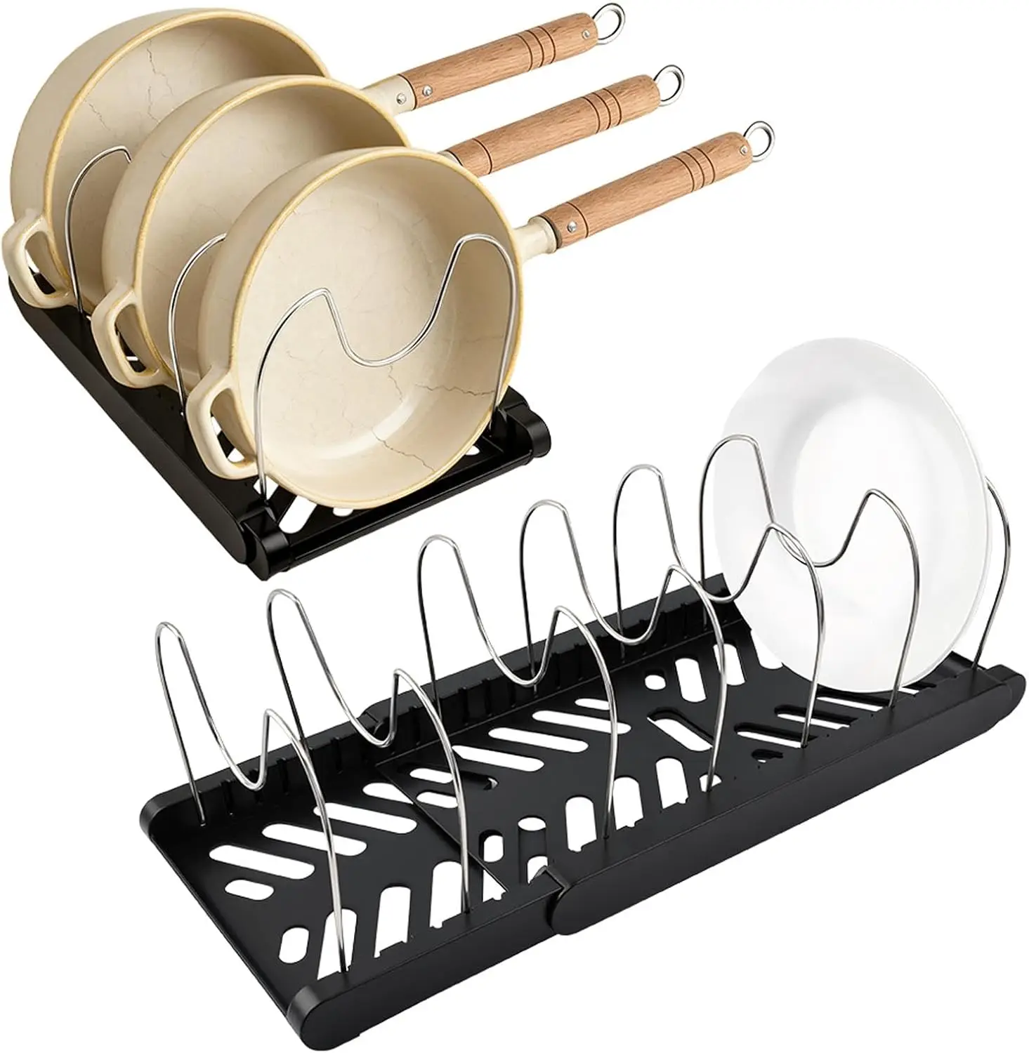 

Pots and Pans Organizer for under Cabinet, Expandable Pot Lid Holder with 10 Adjustable Compartment, Pan Organizers inside Cabin