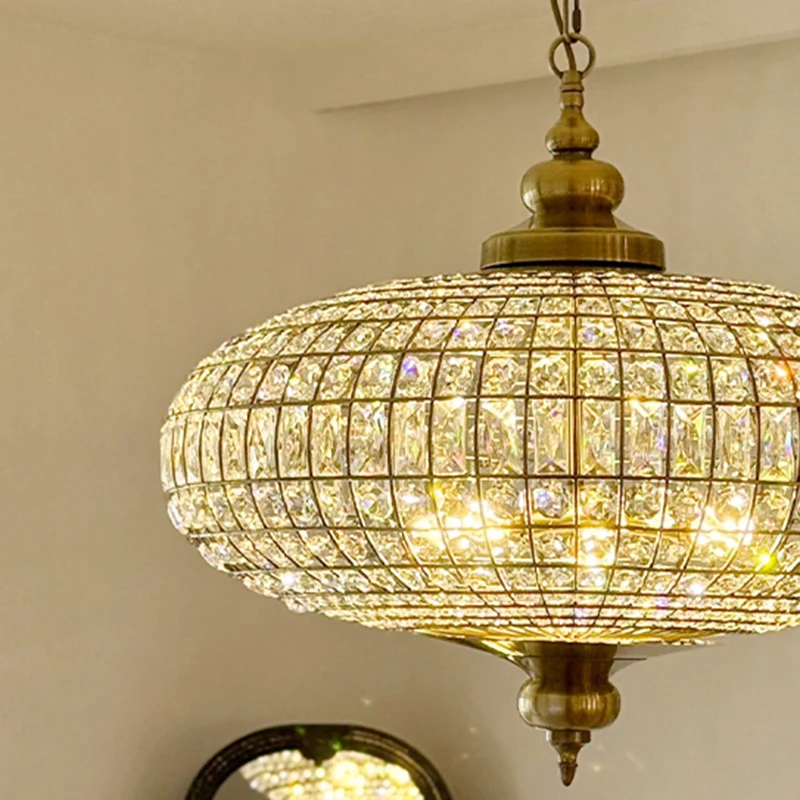 American Vintage K9 Crystal LED Pendant Lights Gold Wrought Iron Chandelier Living Room Restaurant Bedroom Kitchen Hanging Lamps