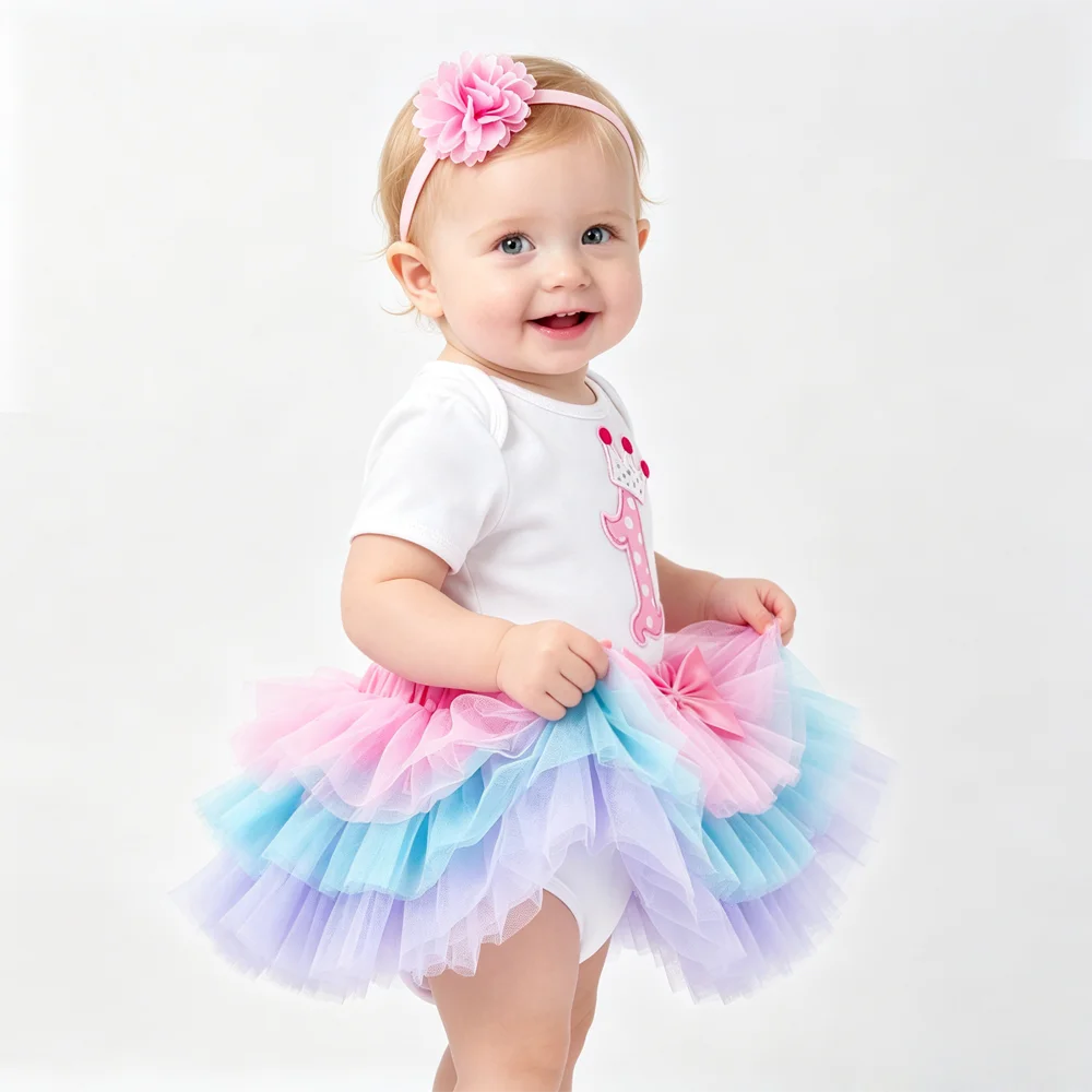 Baby Girl 1st Birthday Party Outfit with Crown Romper Rainbow Tulle Tutu Skirt And Flower Headband Toddler Costume Photo Shoot