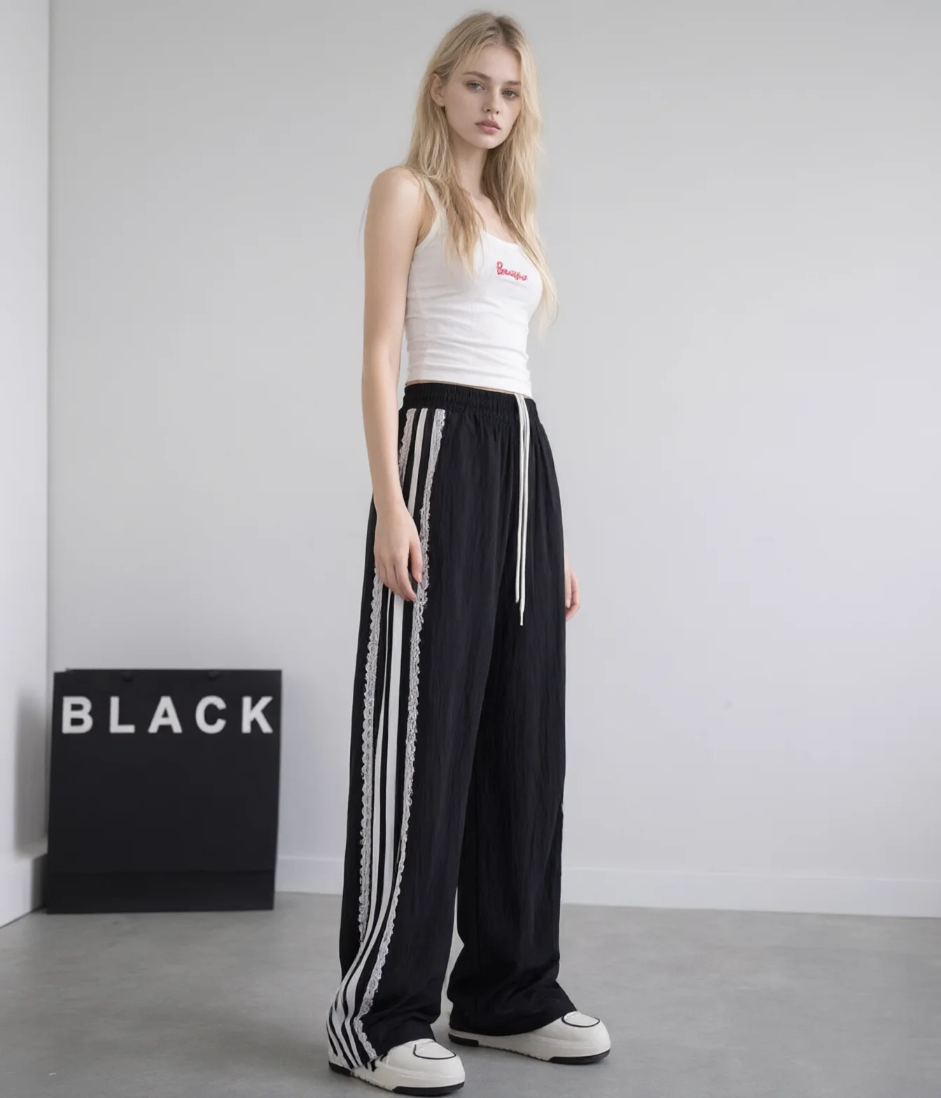 White Drawstring Wide Leg Trousers Elegant Lace Decoration Stretchy Comfortable Daily Wear Office Casual Style Trendy Bottoms