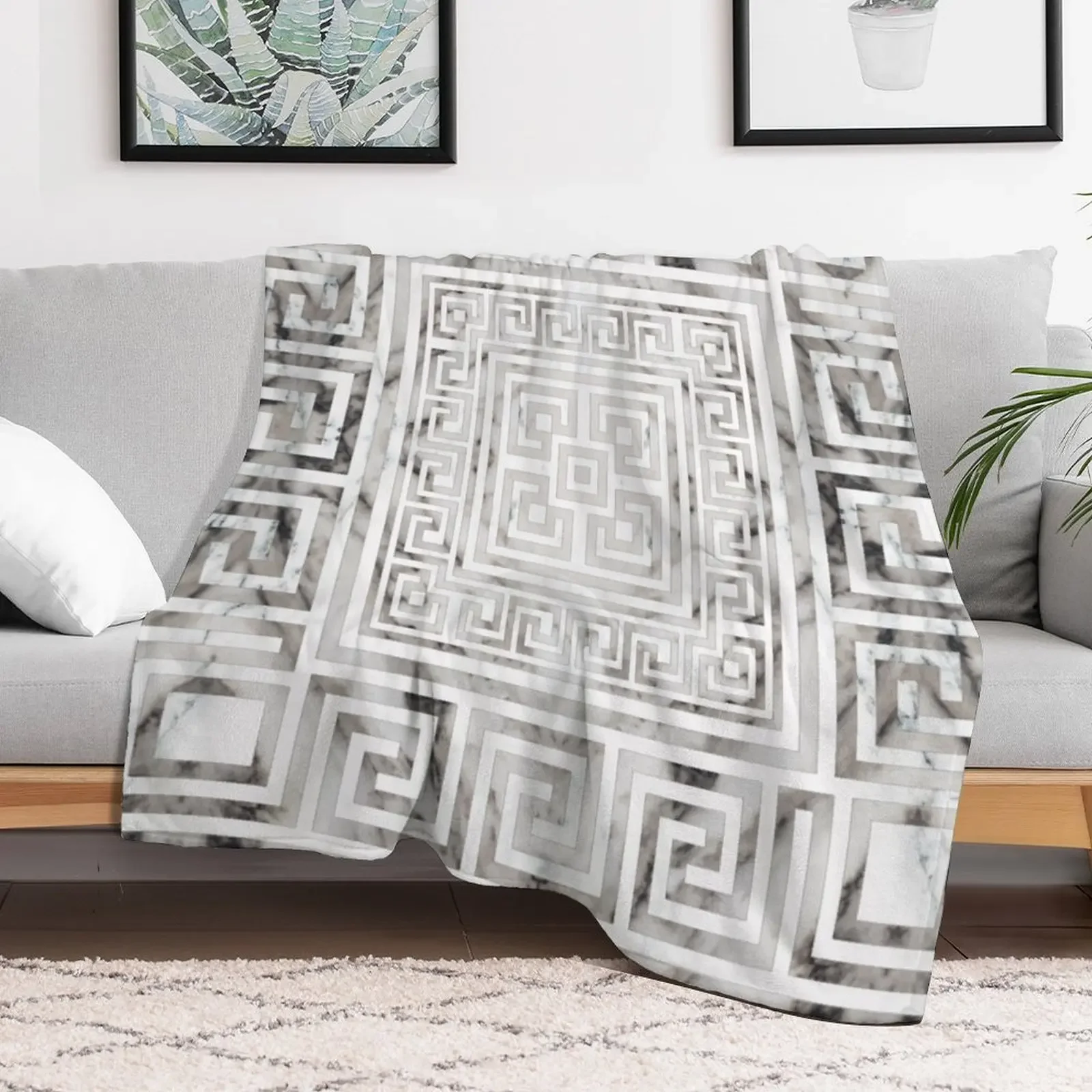 Greek Meander - Greek Key White Marble texures Throw Blanket Flannel Fabric Picnic Luxury Thicken Blankets