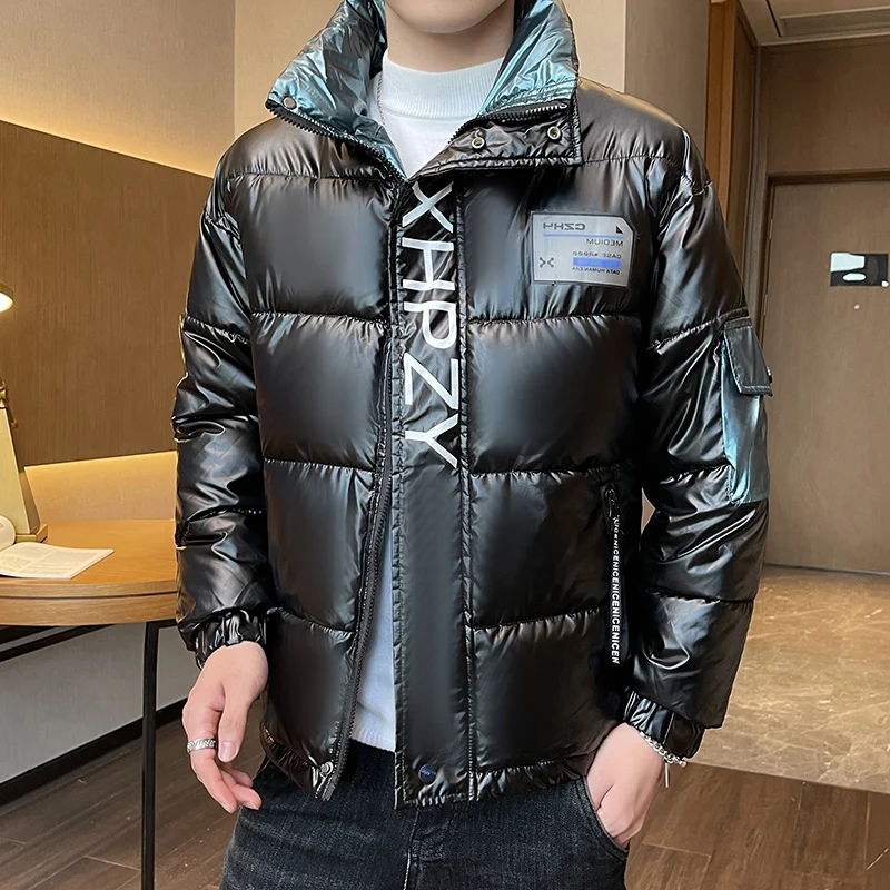 Fashion 2024 Autumn Winter Men\'s Casual Bright Cotton-Padded Jackets Streetwear Waterproof Thicken Parkas Youth Slim Warm Coats