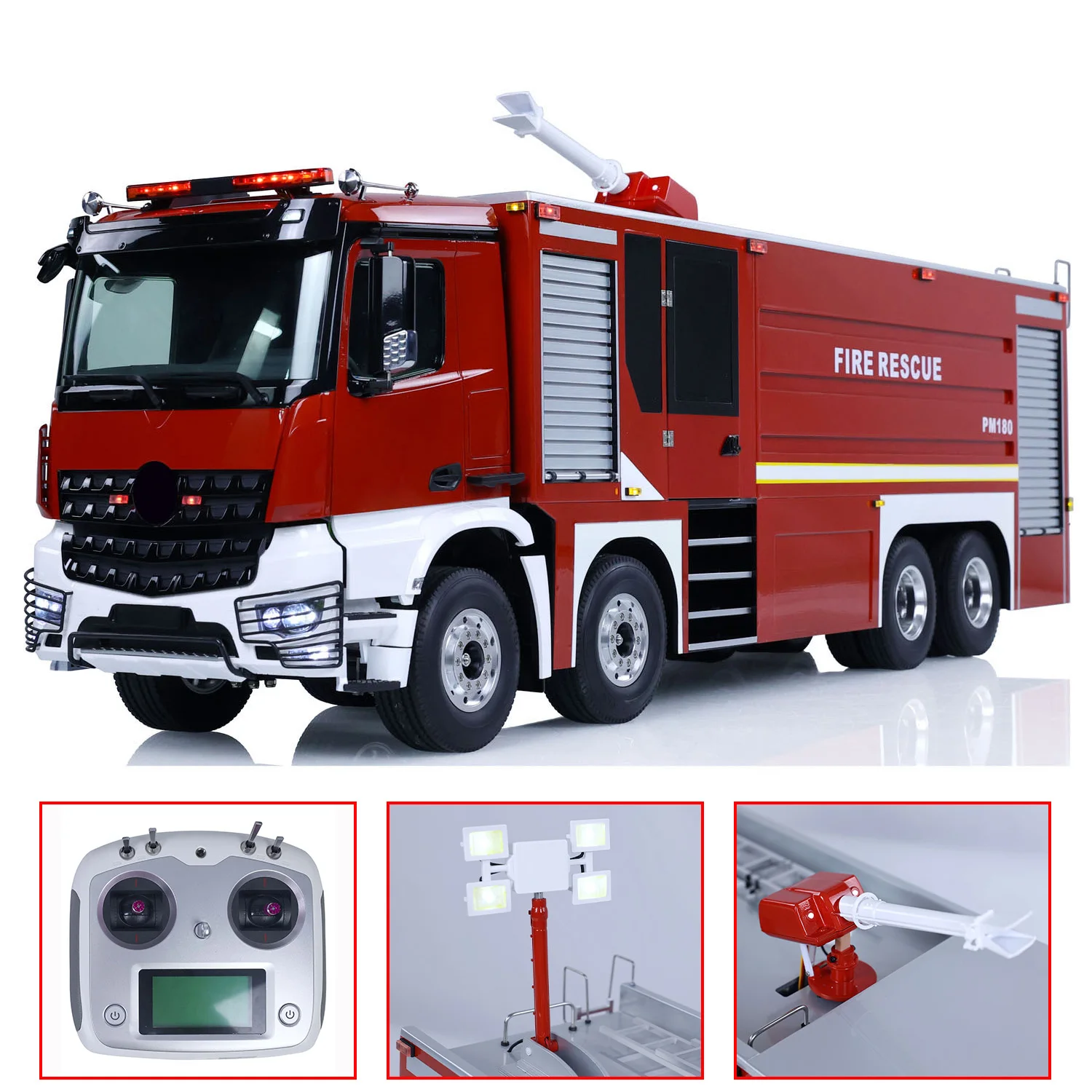 8x4 1/14 RC Painted Fire Fighting Truck Assembled Fire Sprinkler Vehicles with Sounds Lights System Battery Remote Controller