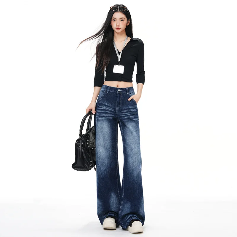 

Американские винтажные джинсы прямого кроя со средней посадкой для женщин. Новинка 2025 года: универсальные эластичные облегающие брюки для женщин, визуально стройнящие фигуру.