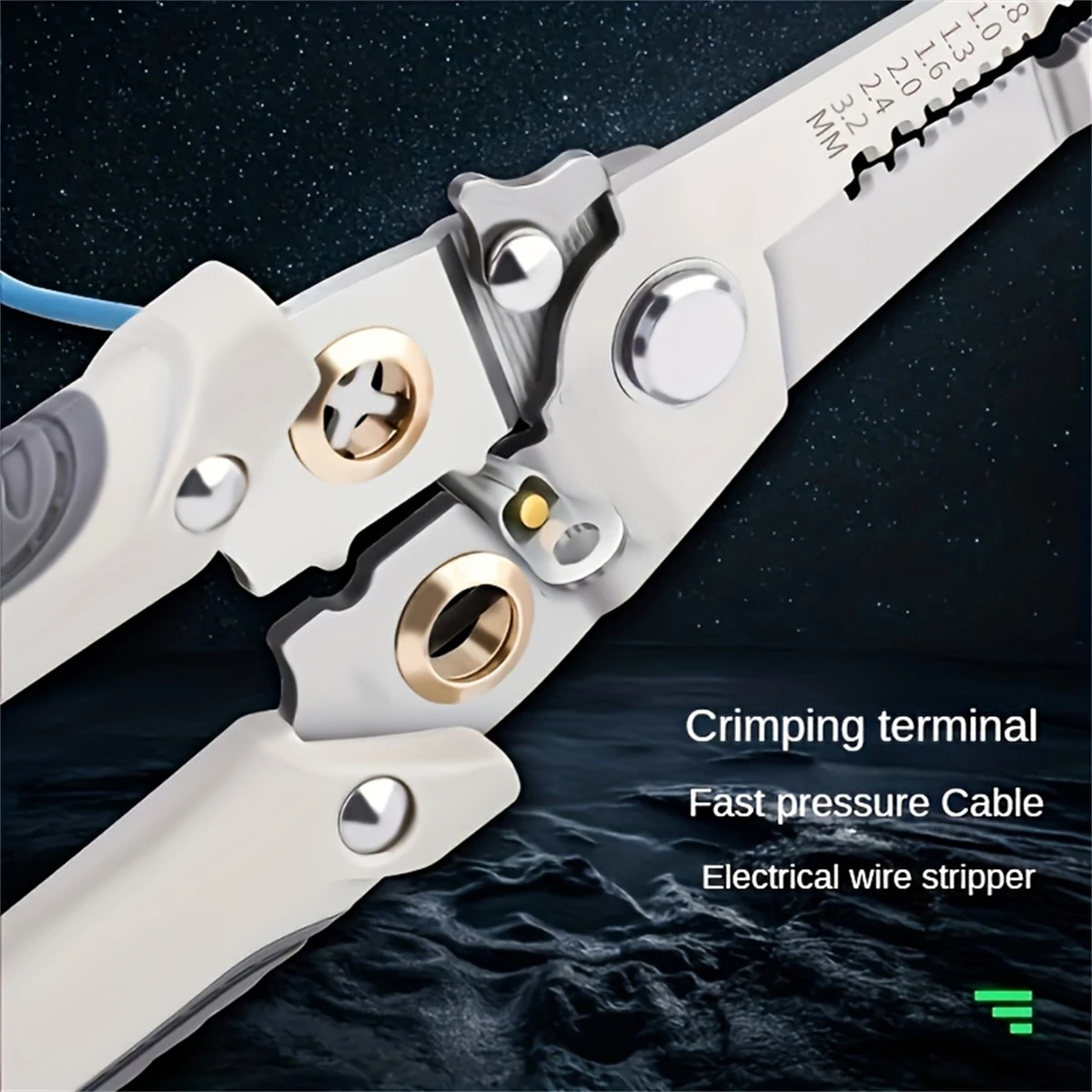 Heavy-duty stainless steel pliers and wire strippers for cutting, stripping, crimping, clamping, twisting, and removing nails