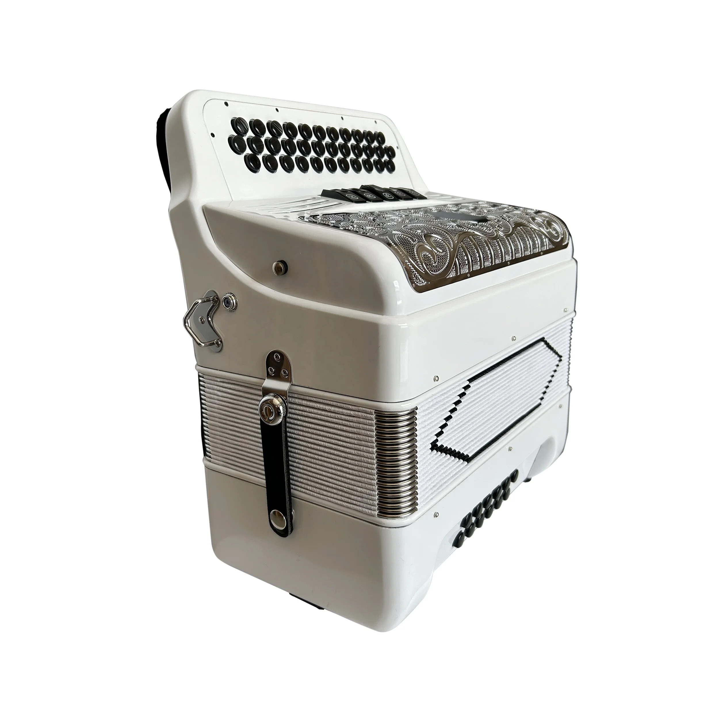 Professional 12 Bass 5 Registers Accordion 34 Buttons Silver Grill Bright White Diatonic Concert Wood Portable