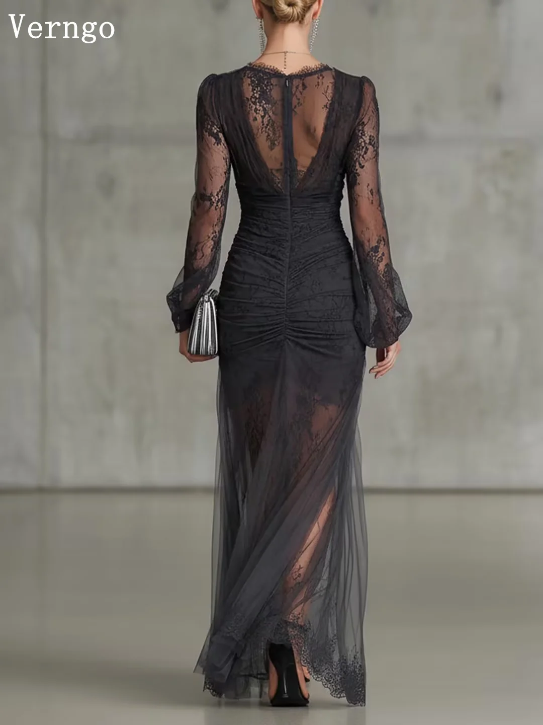 Verngo 블랙 레이스 이브닝 드레스 브이 넥 풀 슬리브 A 라인 인어 댄스 파티 공식 행사 드레스 우아한 파티 드레스 맞춤형