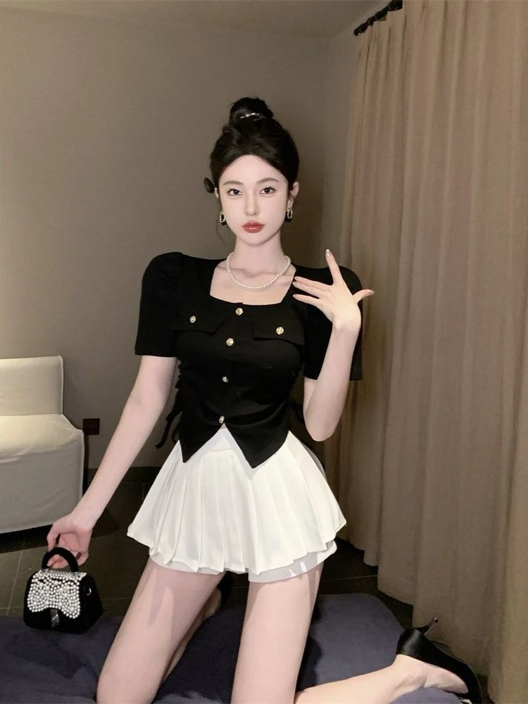 

Women Elegant French Puff Sleeve Blouse with Gold Buttons Square Neck Fitted Short Sleeve Top High Waist Pleated Skirt Pants Set