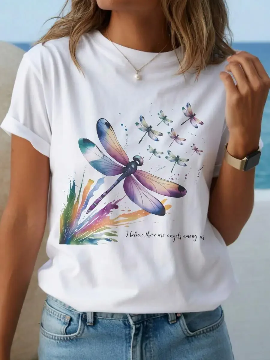 Women Spring Summer Tee I Believe There Are Angels Letter Print Round Neck Breathable Comfortable Casual Short Sleeve Women Top