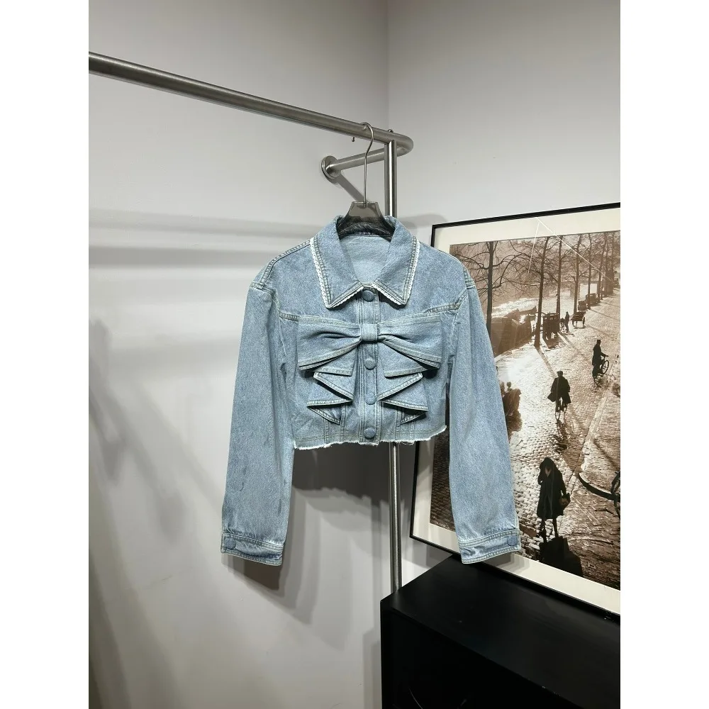 

Blue Denim Bow Long Sleeve Jacket Tops and Pants Set 2025