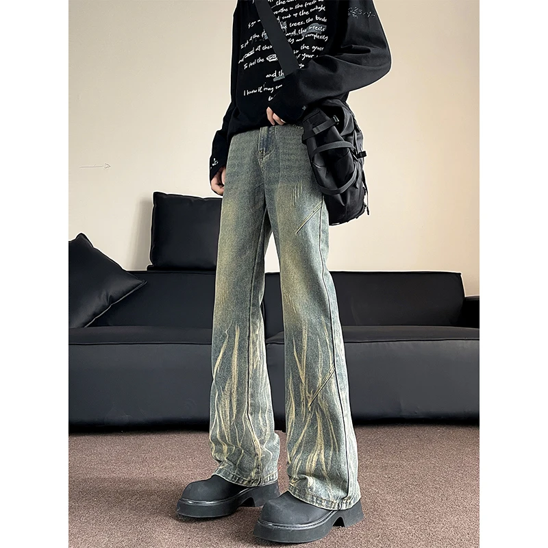 Men's New Autumn Vintage Pattern To Do Old Flared High Fashion Handsome Casual Pants Jeans