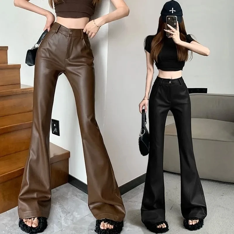 European Black Brown Micro PU Leather Pants For Women Autumn Winter New Slim Fit High Waist Casual Floor Length Pants Pantalons