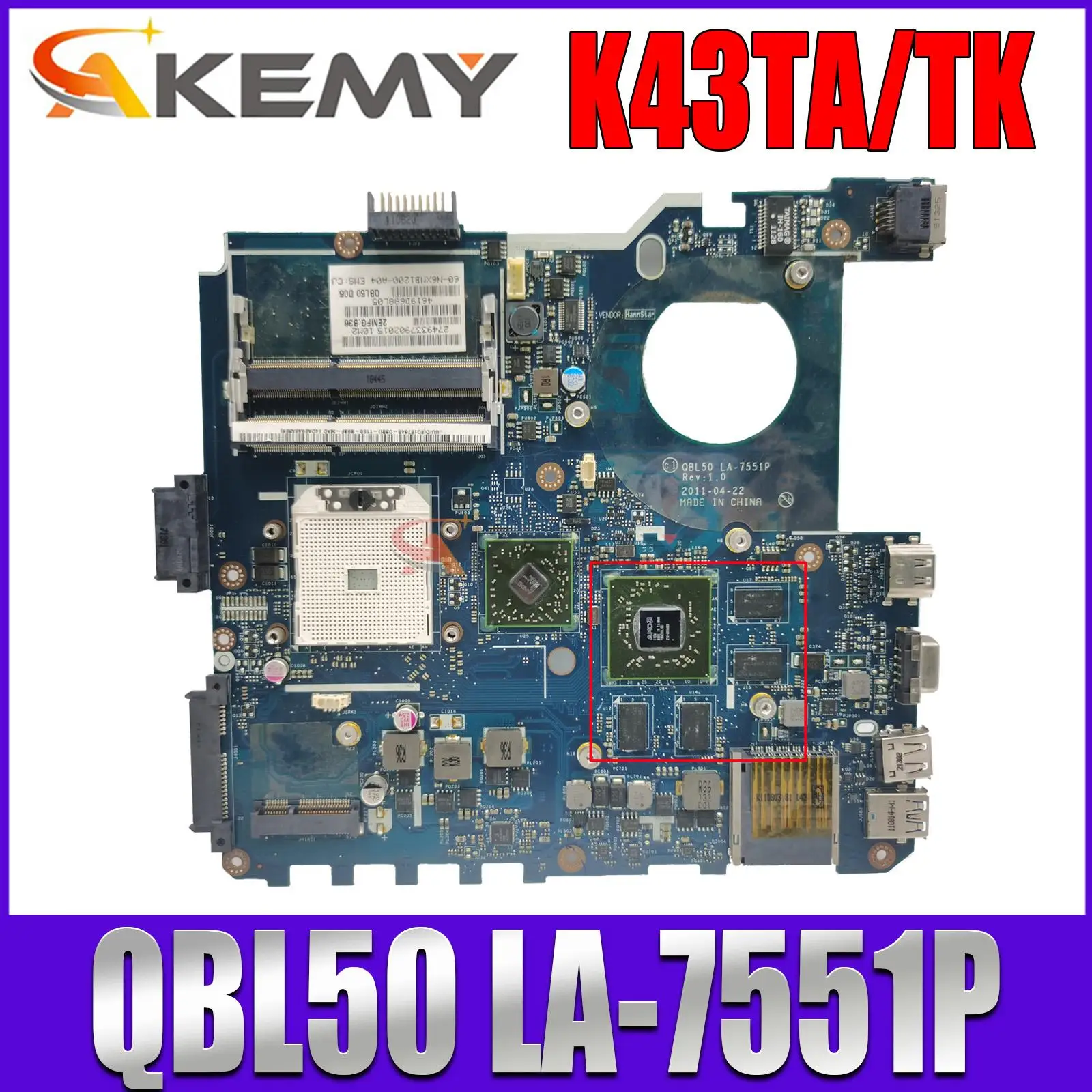 

For ASUS K43T K43TA K43TK X43T laptop motherboard QBL50 LA-7551P motherboard HD7670M 1G 100% test work. Original