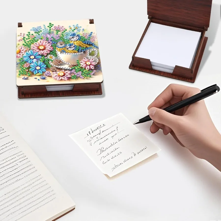 Note Storage Box Diamond Art Painting Wooden Message Paper Storage Note Box Reusable Sticky Note Holder for Work Desk Organizat