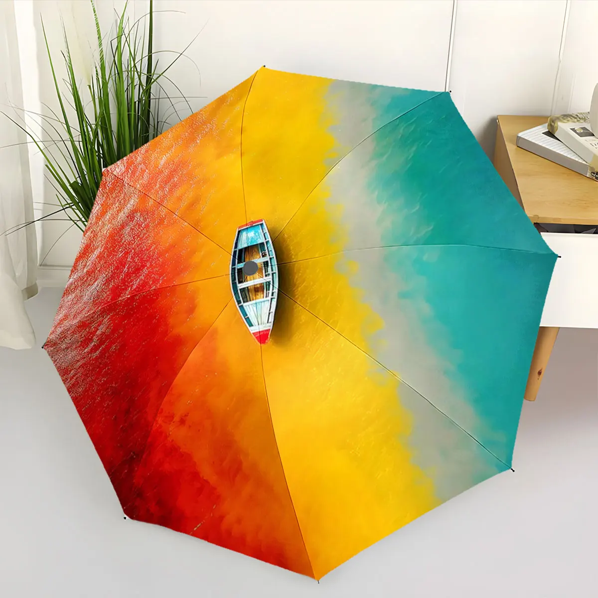 Colorful Boat on Vibrant Water Art Print Umbrella portable waterproof sun rain umbrella for outdoor travel beach