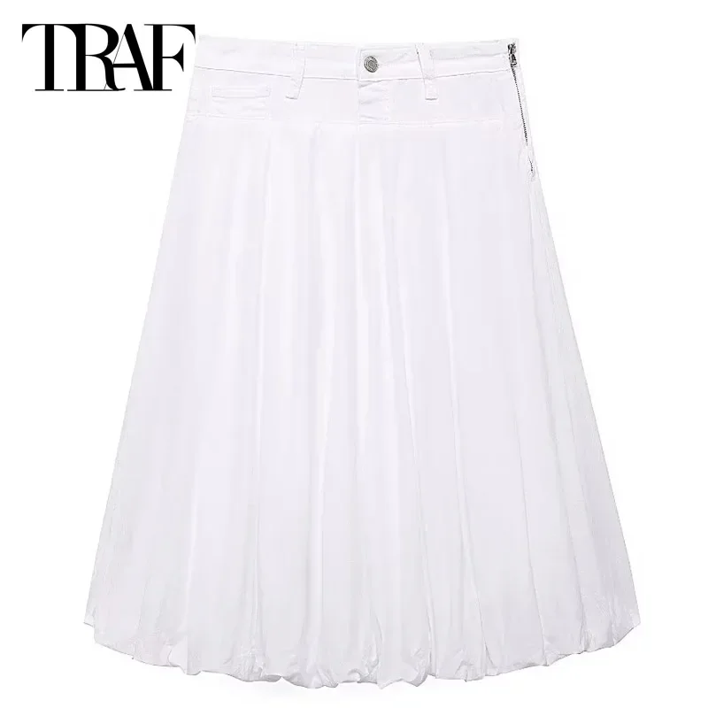 

TRAF Women's Skirt Summer 2024 White Balloon Skirts Ruffled Mid Waist Side Slit Skirt New In Skirt Fashion Casual Vacation Skirt