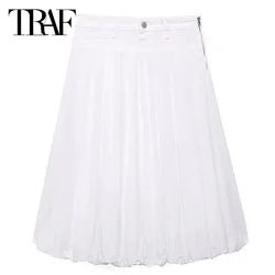 TRAF Women's Skirt Summer 2024 White Balloon Skirts Ruffled Mid Waist Side Slit Skirt New In Skirt Fashion Casual Vacation Skirt