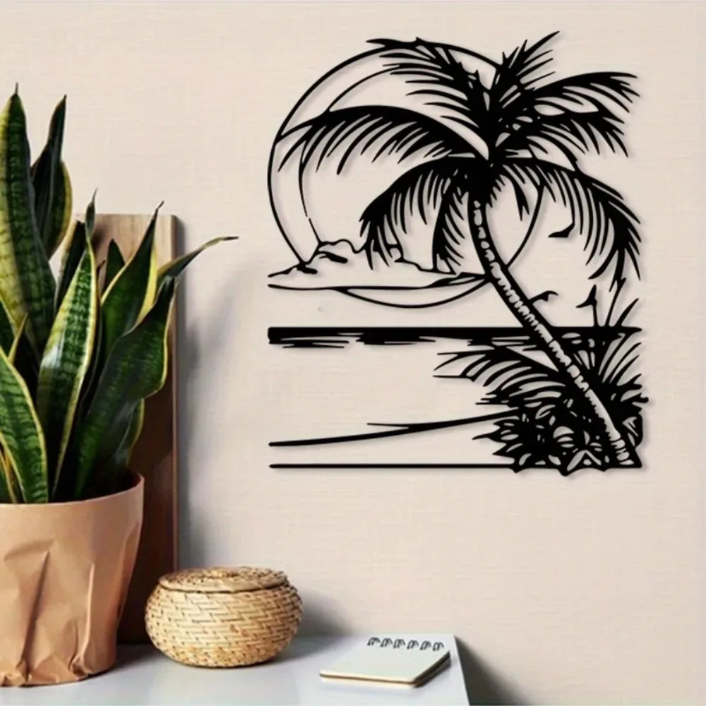 1pc Vintage Tropical Beach Sunset Metal Wall Art Rust-Resistant Iron Outdoor Decor for Patio Balcony Living Room Year-Round Gift