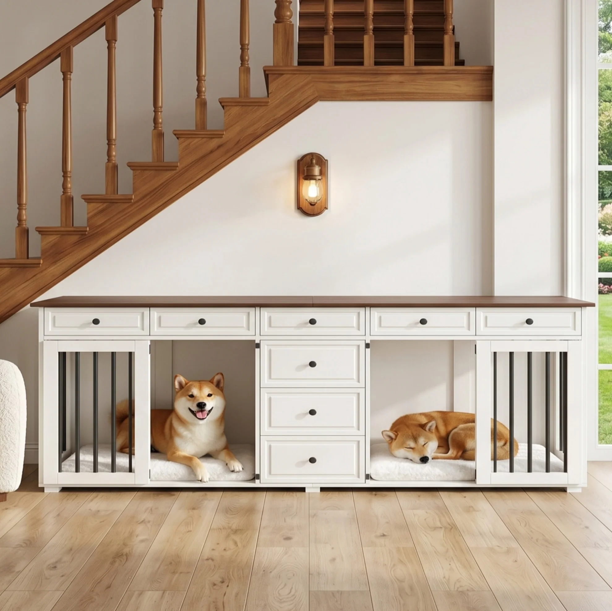 Houten en metalen hondenbench voor binnen met tv-standaard, aparte compartimenten voor 2 kleine tot middelgrote honden, walnoot en wit, 200x60x85 cm