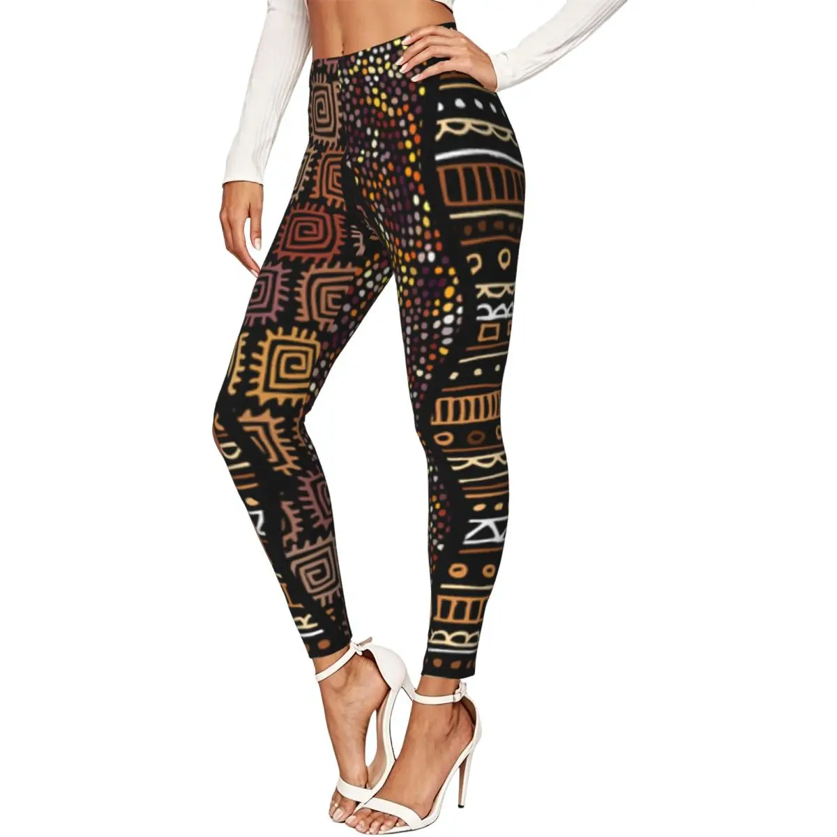 Women Full Length Elastic Leggings High Waist Tight Pants Ethnic Boho In African Style Casual Bottoms