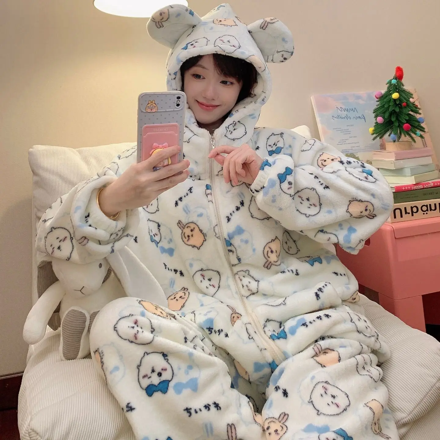 Anime Chiikawa Women's Flannel Pajamas Kawaii Usagi Zipper Hooded Coral Fleece Homewear Girl Winter Warm Sleepwear Home Clothes