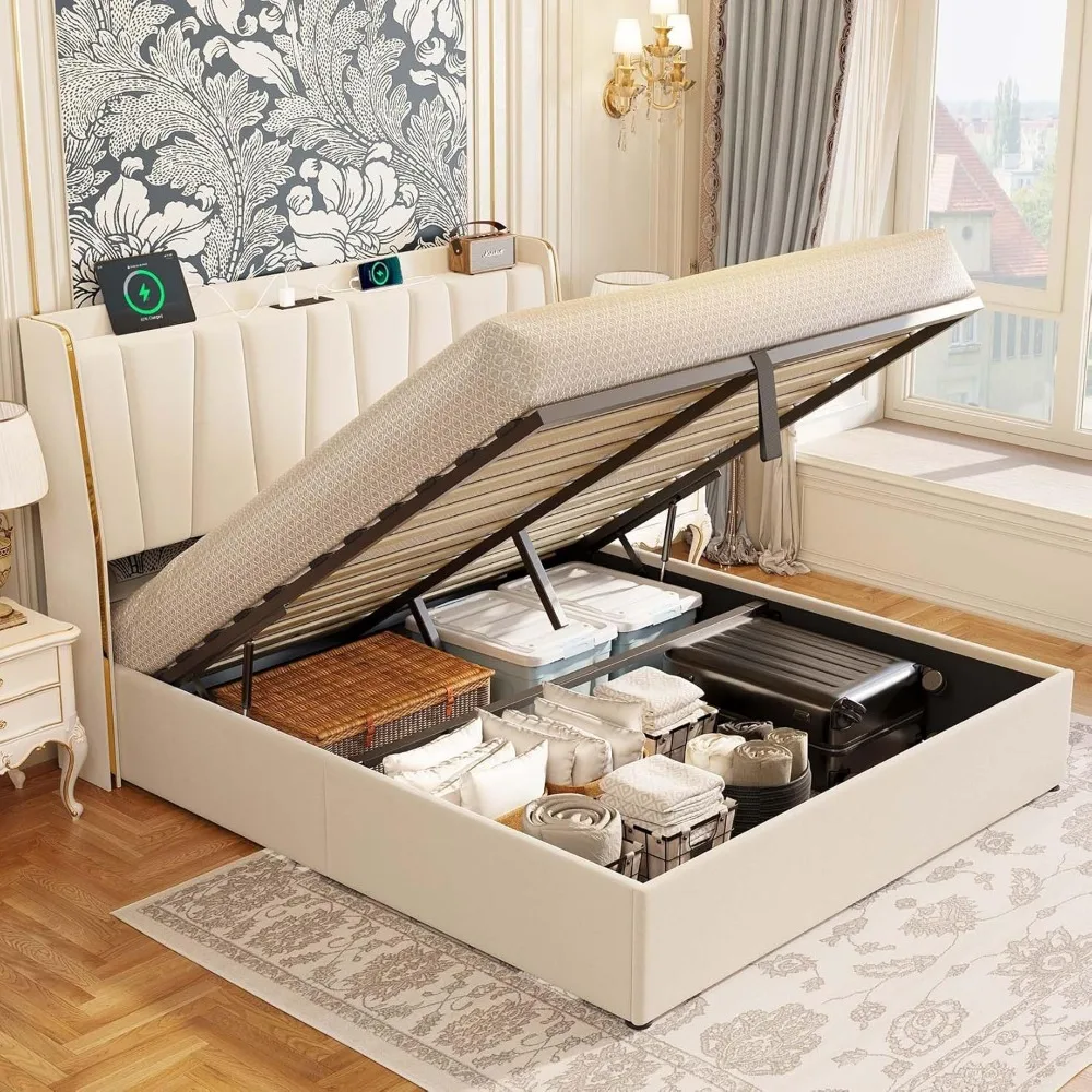 

Lift Up Storage Bed Queen Size Upholstered Platform Bed Frames with Storage Headboard, Soft Velvet Wingback, Type C & USB Chargi