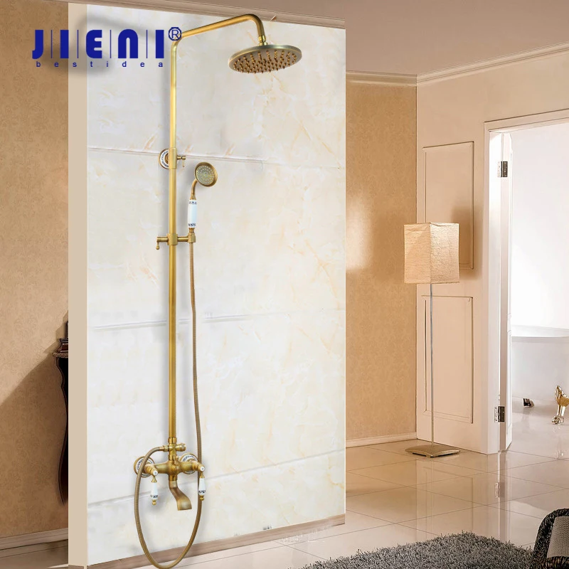 

JIENI Wall Mounted Bathroom Rainfall Shower Faucet Set Antique Brass 3 Functions Shower Systems W/ Bathtub Mixer Handshower