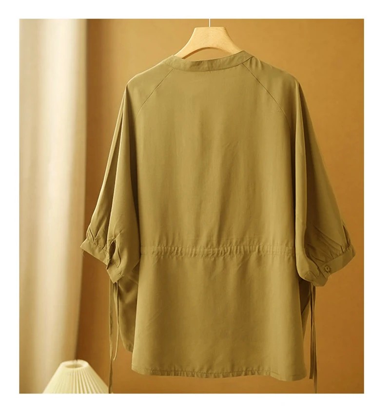 Cotton-silk Women's Blouse with Summer Seven-inch Sleeves, Loose and Casual Top, Cool and Breathable, Sweat-absorbing.