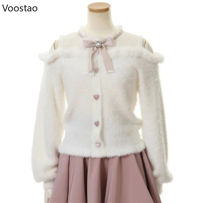 Autumn Winter Sweet Lolita Pullovers Women Off Shoulder Bow Sweaters Female Elegant Long Sleeve Knitwear Harajuku Bow Lace Tops