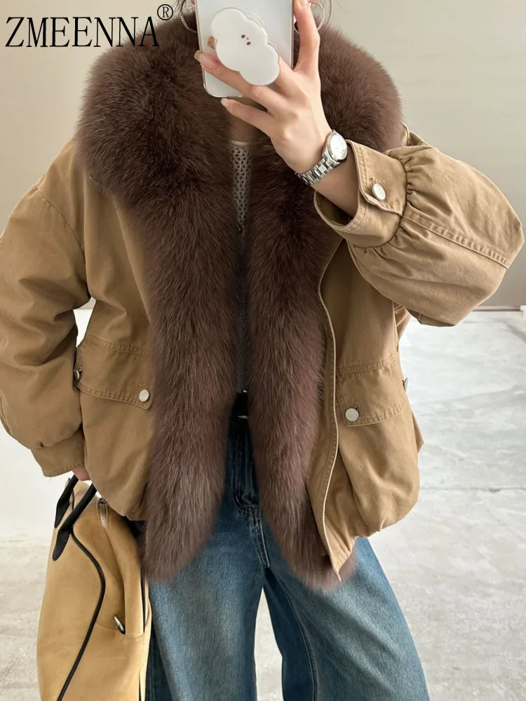 

ZMEENNA женская элегантная зимняя теплая хлопковая куртка с меховым воротником, пальто, мешковатая куртка-бомбер большого размера, верхняя одежда на молнии, повседневная мода ZM4544