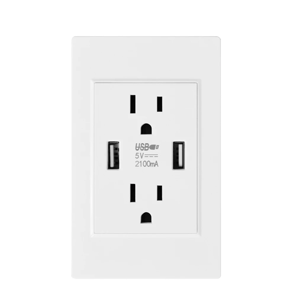 VISWE US Socket with 2 USB Port Charger 5V 2100mA, 15A America Mexico plug usb, 118*72mm Plastic Panel Electric Power Outlet