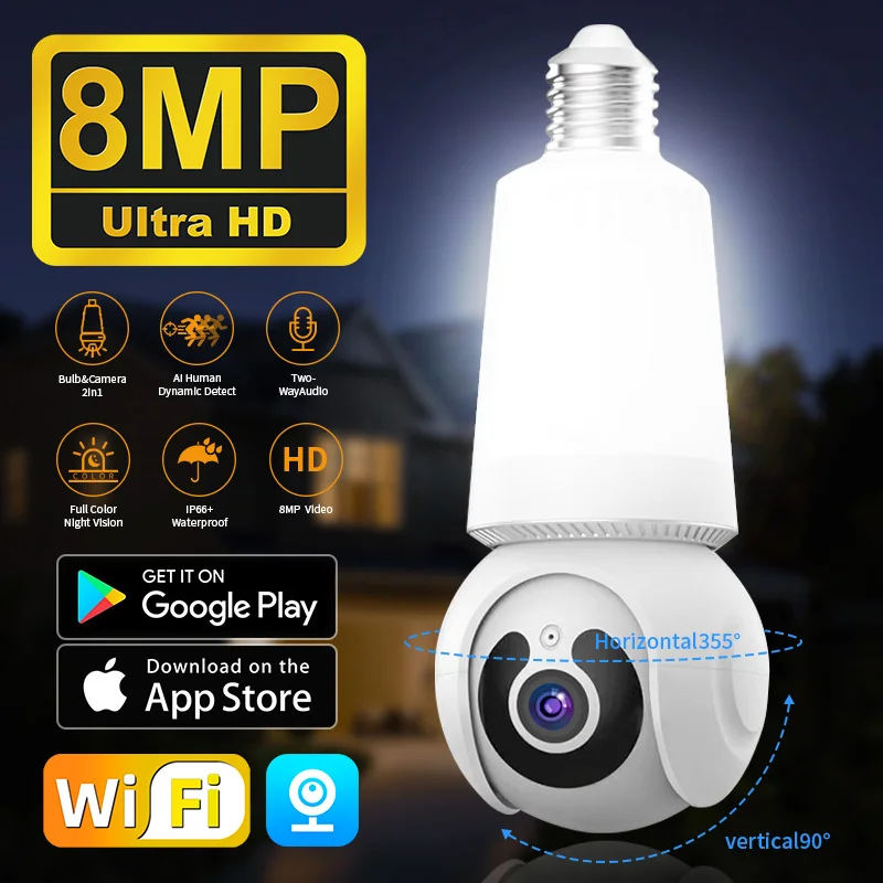 8MP HD E27 Bulb Camera Wifi Surveillance With LED Bulb CCTV PTZ Smart Tracking Two-way Audio Night Vision 10X Zoom Wireless Cam