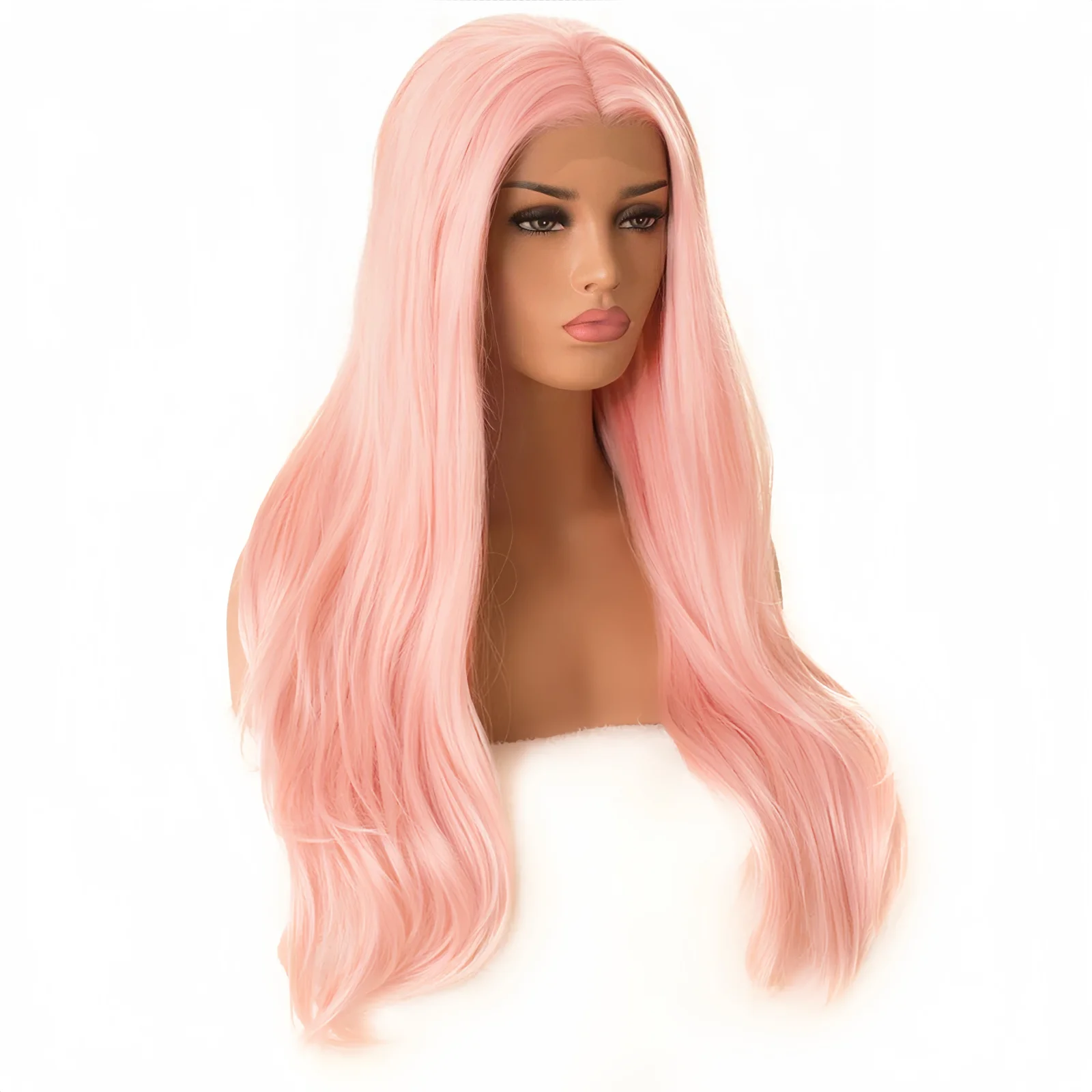 ยาววิกผมหยักสีชมพูสําหรับผู้หญิงสังเคราะห์กลาง Layered Natural Wave Curly สีชมพูอ่อนความร้อนทนวิกผมสําหรับงานปาร์ตี้