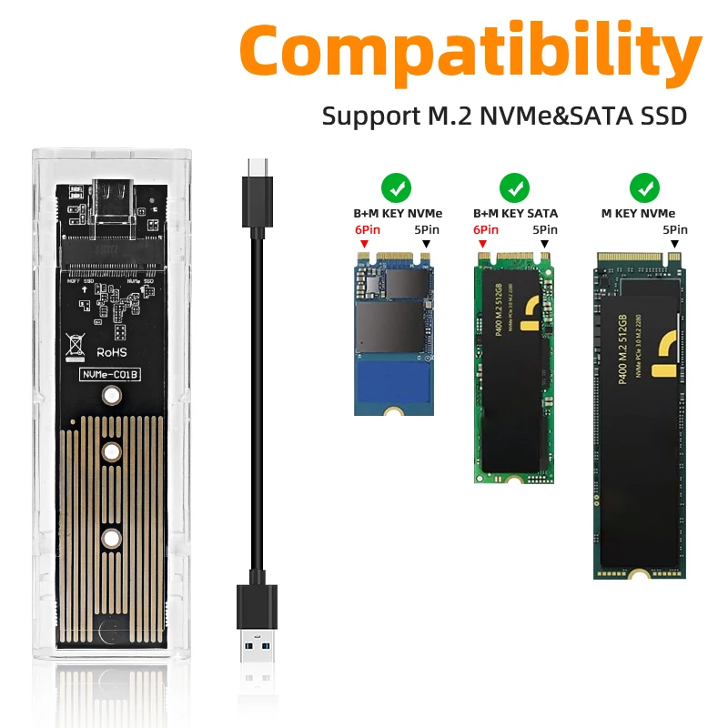 M.2 NVME PCIe NGFF SATA Корпус SSD с двумя протоколами Прозрачный USB Type C 10 Гбит/с PCI-E M2 SSD Прозрачный внешний корпус Коробка для жесткого диска