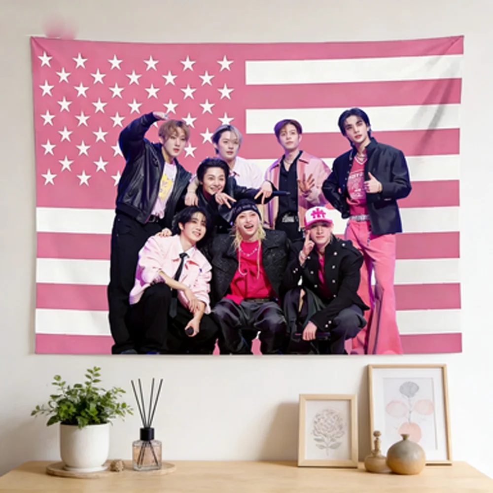 SKZ Tour Pink American Flag Tapestry Wall Hanging Kpop Merch for Stay Flat Print Room Decor Group Stage Photo
