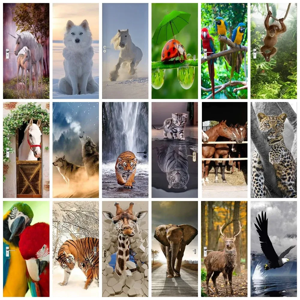 

3D Wild Animal Door Sticker Tiger Giraffe Elephant Parrot Broken Wall Creative Waterproof Self Adhesive Wallpaper Home Decor