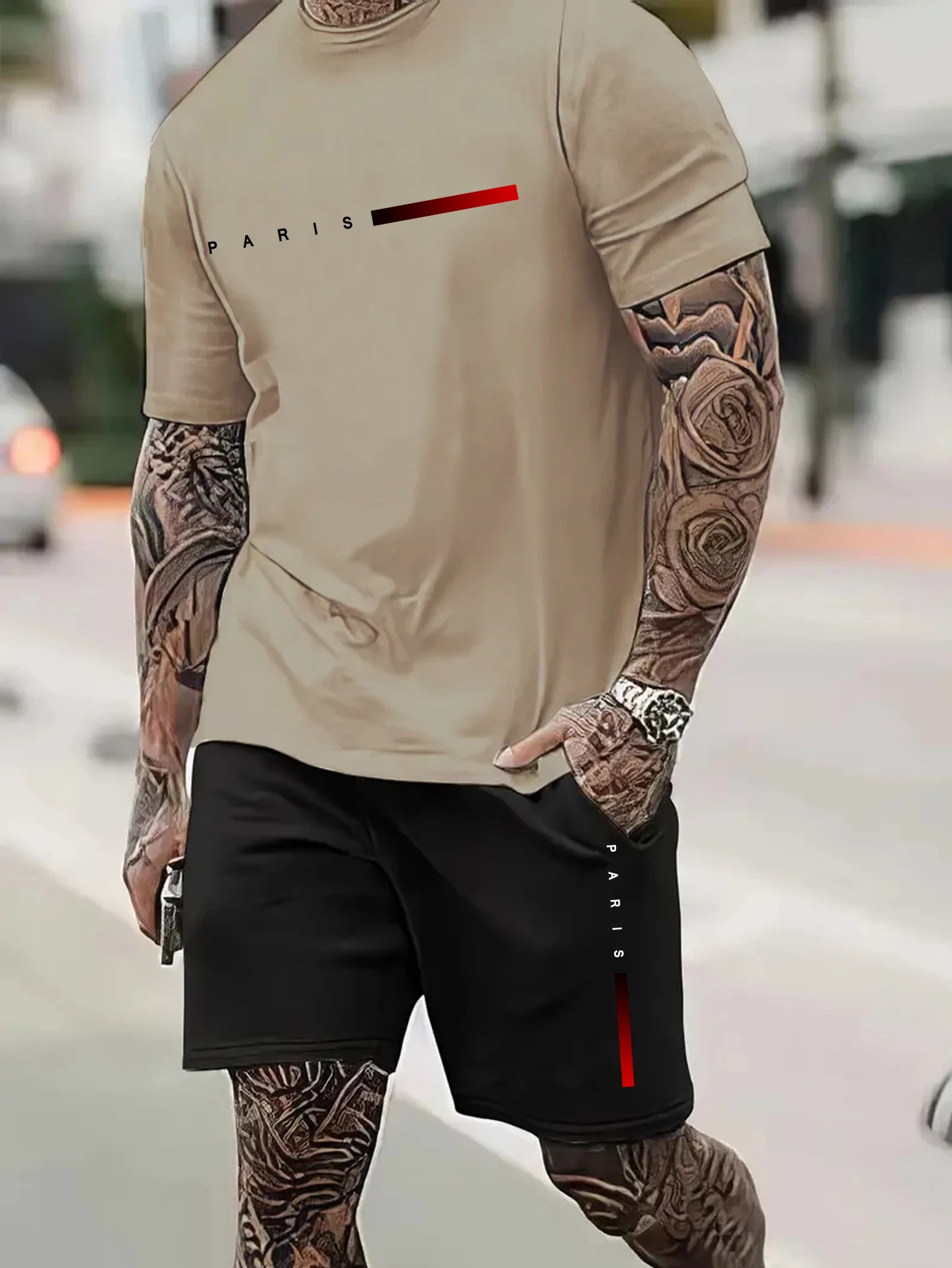 Short-sleeved shorts summer men\'s suit simple fitted T-shirt letter print with the same printed shorts two-piece set